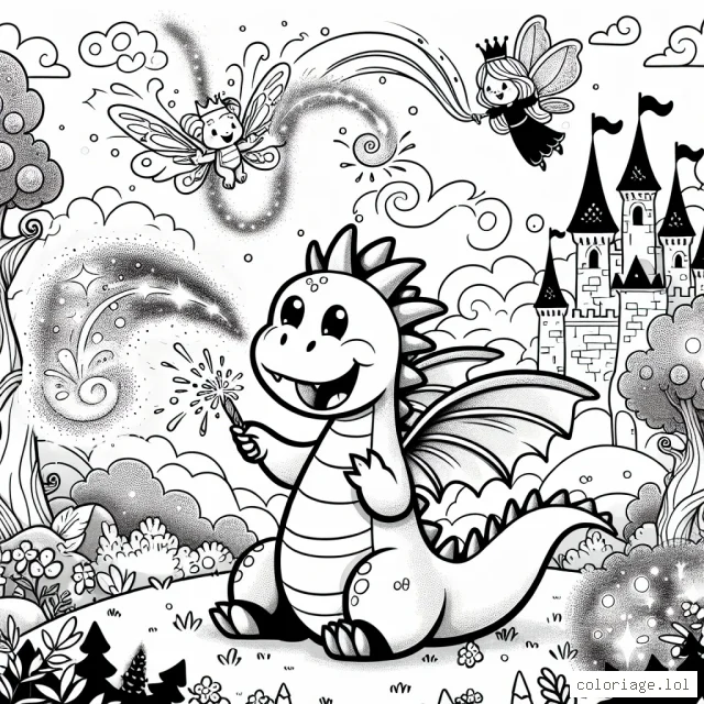 Un charmant petit dragon joue avec ses amis dans un monde de fantaisie rempli de châteaux magiques et de forêts merveilleuses. Le dragon crache de petites étincelles en riant et tourbillonne dans un ciel expressif. Ses amis, un chevalier courageux et une fée pétillante, l'accompagnent dans leurs aventures.