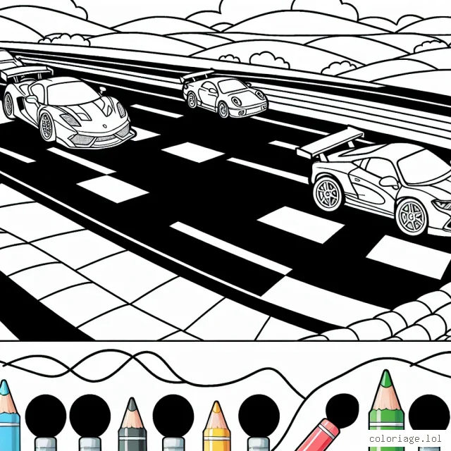 Dessine une course palpitante entre des voitures de sport sur une piste de course animée.