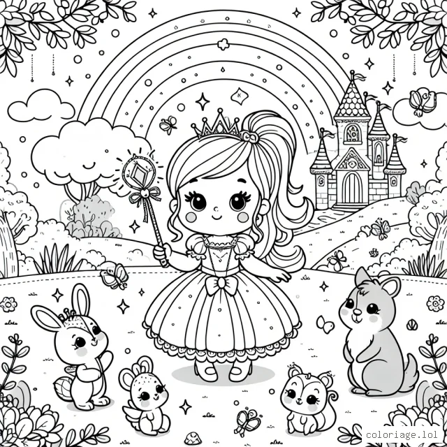 Une petite princesse à la cour des fées, tenant un sceptre scintillant, est entourée d'adorables petits animaux comme des lapins, des écureuils et des oiseaux. Dans le contexte, il y a un château féerique et un arc-en-ciel.
