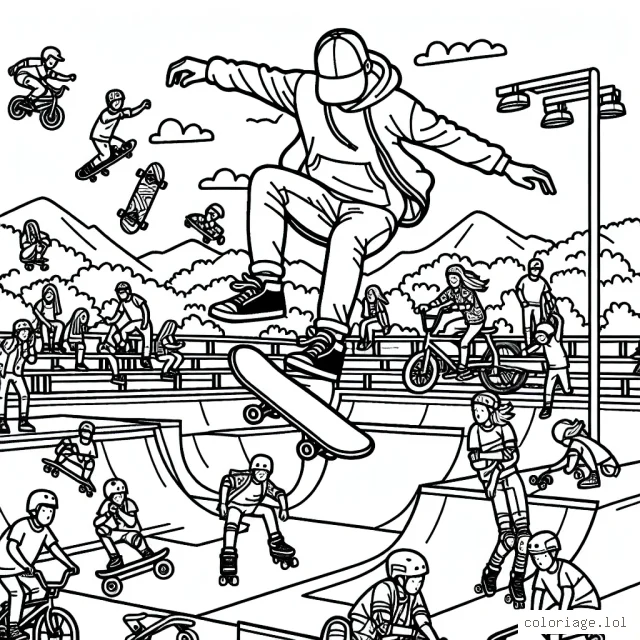 Une scène mettant en scène un skateboarder exécutant une cascade audacieuse dans un skatepark rempli de différents personnages faisant du BMX et des rollers