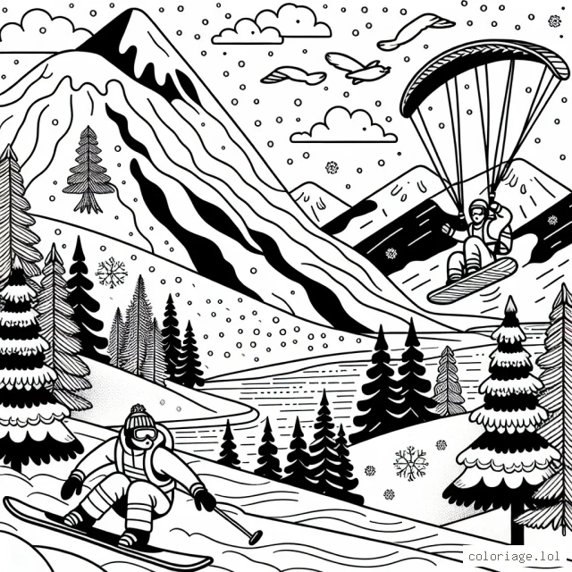 Imaginez un décor montagneux avec deux sportifs en plein action. Le premier, en haut de la montagne se prépare à dévaler la pente en snowboard au milieu de sapins enneigés. Le second est en plein vol en parapente au-dessus d'une rivière glacée. Le ciel doit être parsemé de nuages.