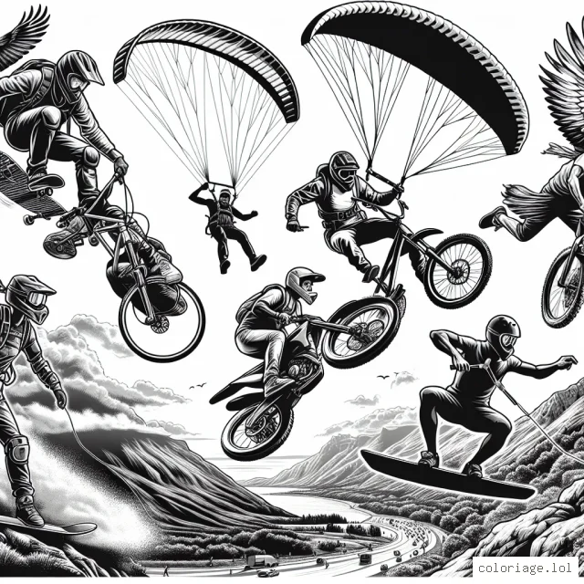 Des athlètes effectuant différents sports extrêmes dans une scène d'adrénaline à couper le souffle, comprenant le skateboard, le wingsuit, le BMX, le kitesurf et l'escalade.