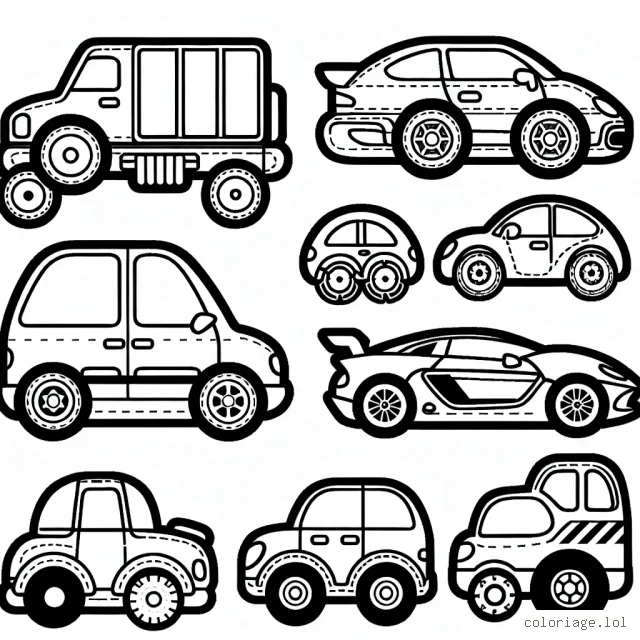 Une collection unique de voitures à colorier pour les enfants, chaque voiture représentant une marque spécifique.