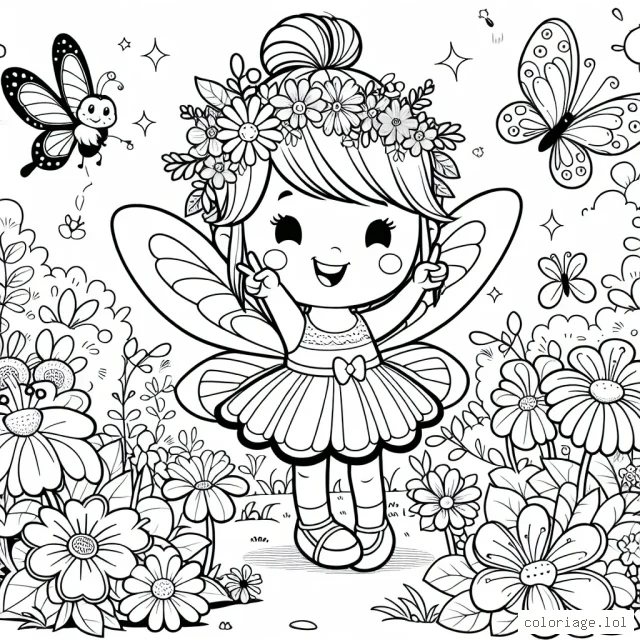 Une petite fée enjouée dans un jardin magique plein de fleurs colorées, de papillons virevoltants et d'animaux enchanteurs.
