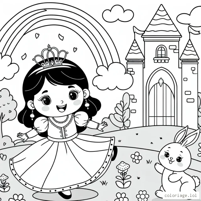 Imagine une jeune princesse bondissant joyeusement près d'un château enchanteur, avec un doux lapin à ses cotés et un magnifique arc-en-ciel dans le ciel.