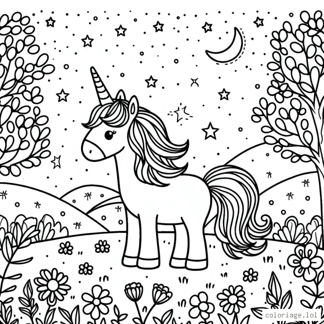 Dessine une licorne magique à la crinière arc-en-ciel sur un champ de fleurs sous un ciel étoilé.