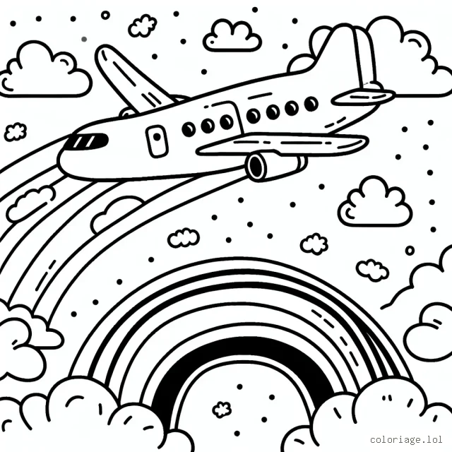 Un avion de transport de passagers en vol au-dessus des nuages, avec un arc-en-ciel en arrière-plan.