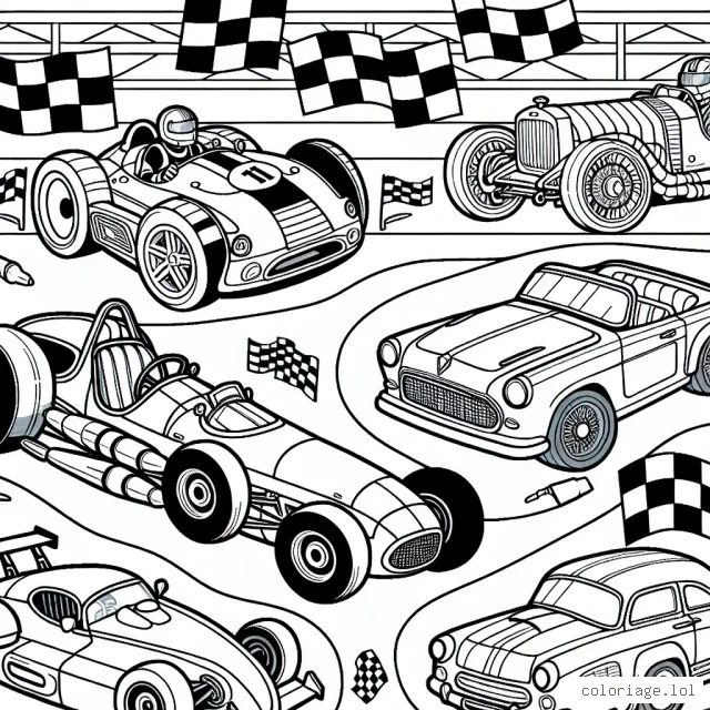 Un circuit de course animé avec plusieurs types de voitures