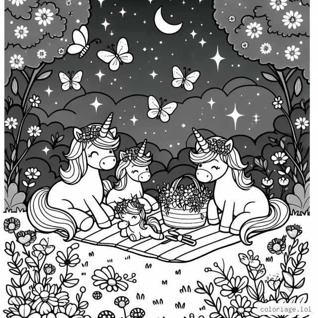 Dessine une famille de licornes qui font un pique-nique dans une clairière enchantée, entourée de papillons scintillants et de fleurs ensoleillées