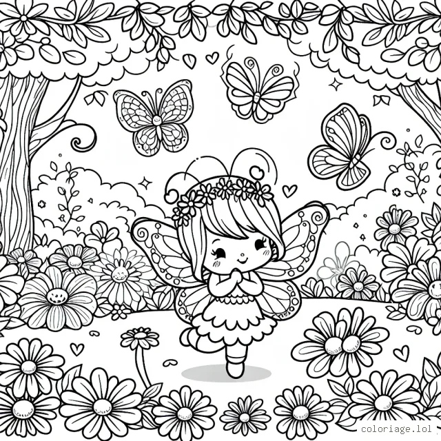Imagine une petite fée jouant avec ses amis papillons dans un jardin enchanté rempli de fleurs colorées et d'arbres magiques.