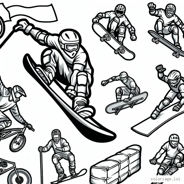 Sur cette page de coloriage tu as devant toi plusieurs sports extrêmes représentés ! Sauras-tu les colorier selon les couleurs d'un vrai pro de ces sports ?