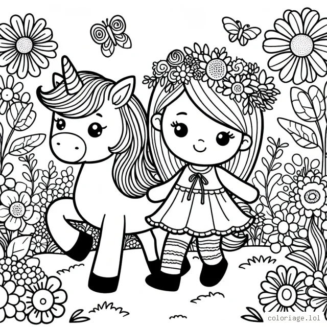 Une petite fille se promène joyeusement à travers un jardin féerique de fleurs multicolores en compagnie de son licorne confiante
