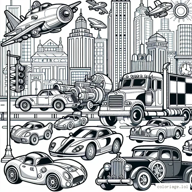 Imaginez un défilé d'automobiles variées : des voitures de course ultra-rapides, des camions imposants, des voitures rétro élégantes et même des voitures futuristes volantes. Chaque véhicule a son propre style unique et des détails incroyables à colorier. N'oubliez pas le paysage urbain en arrière-plan avec ses immeubles imposants, ses feux de circulation, ses panneaux de signalisation et ses trottoirs animés de passants.