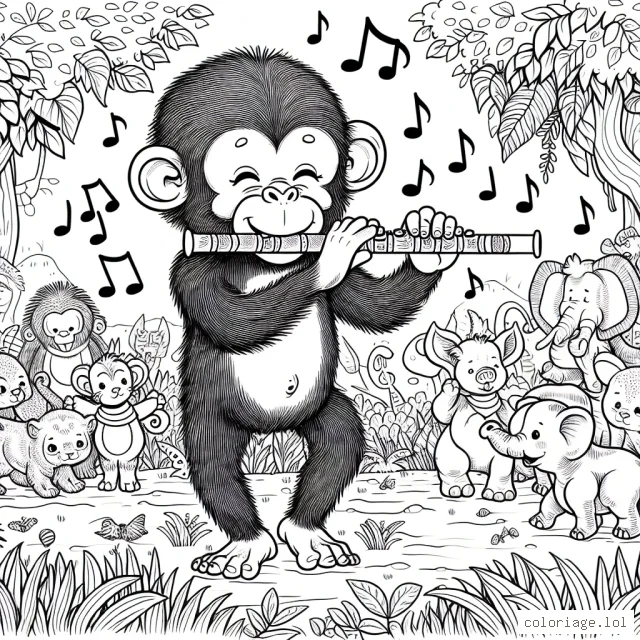 Un chimpanzé joue de la flûte dans la jungle, entouré par d'autres animaux qui dansent au son de la musique