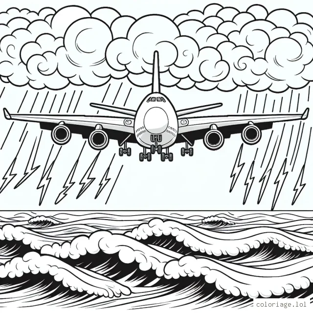 Dessine un avion cargo international survolant l'Océan Atlantique et contournant un orage. L'avion a deux ailes larges, équipées de trois réacteurs chacune. Sous l'avion, l'Océan Atlantique est agité par de grosses vagues. Un éclair zèbre le ciel nuageux présageant un orage imminent.