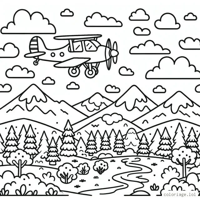 Imaginez un avion volant haut dans le ciel parsemé de nuages. Dessous se trouve un paysage magnifique avec des montagnes, des forêts et des rivières. Pouvez-vous donner vie à cet avion et à ce paysage en leur offrant des couleurs ?