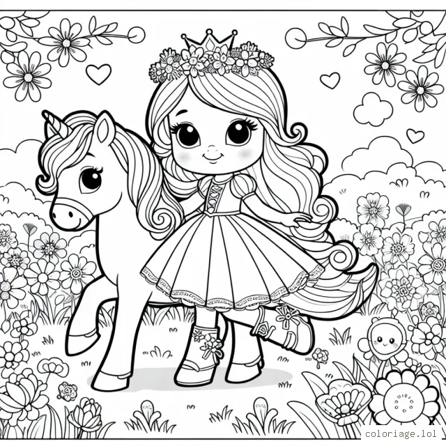 Princesse Zara jouant avec son adorable licorne dans une prairie féerique pavée de fleurs colorées.