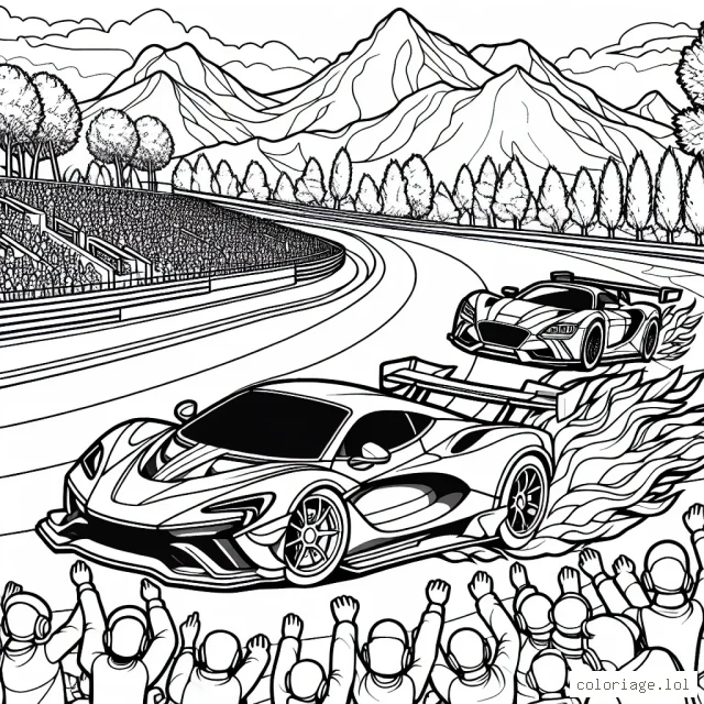 Imagine une scène où une voiture de sport rouge flamboyante est en plein duel avec une voiture futuriste sur une piste de course effrénée. Ajoute également des détails autour comme des spectateurs, un magnifique paysage, etc.