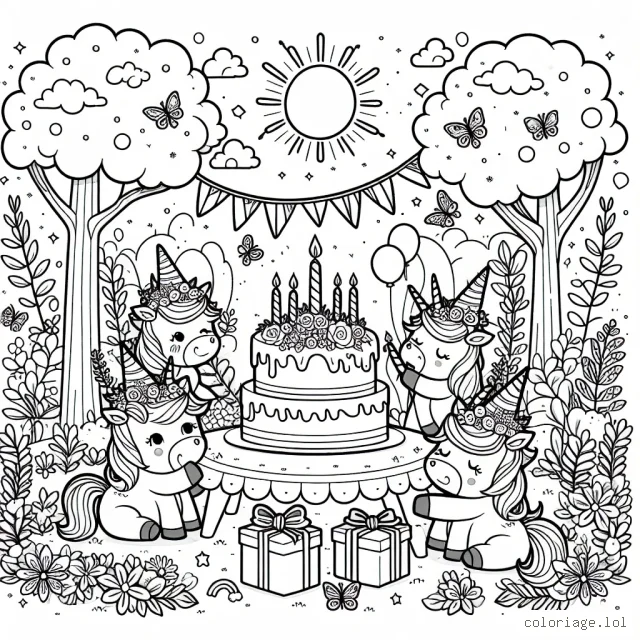 La belle fête d'anniversaire magique des licornes dans un jardin enchanté