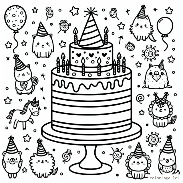 Un gâteau d'anniversaire fabuleux entouré de petits animaux festifs portant des chapeaux de fête