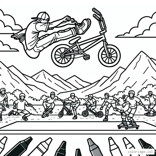 Un athlète audacieux effectue un saut périlleux avec son BMX sur une rampe, avec les montagnes en arrière-plan et le grand ciel bleu pour témoin. Il y a aussi d'autres athlètes qui esquissent des mouvements intéressants avec leurs planches à roulettes et leurs trottinettes.