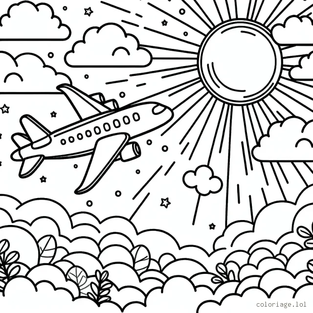 Un avion volant haut dans le ciel, traversant les nuages et le soleil
