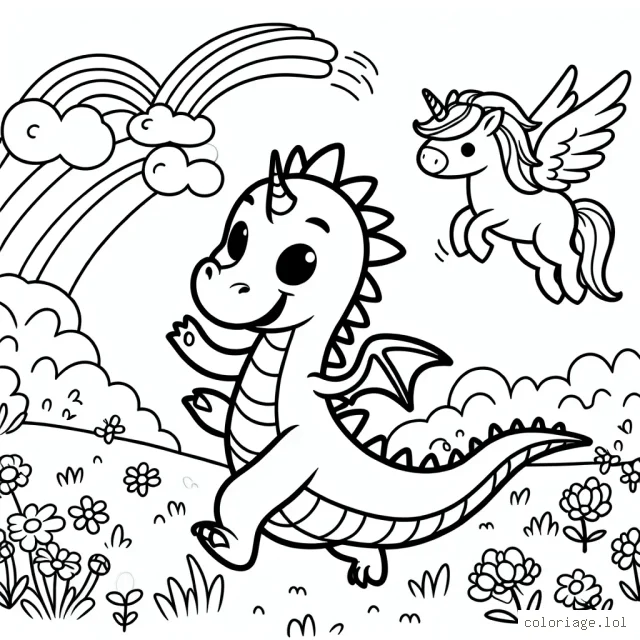 Un dragon amical jouant dans une prairie avec des licornes