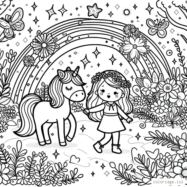 Voyage imaginaire d'une petite fille avec son licorne à travers une forêt enchantée parsemée de fleurs magiques et de papillons scintillants.