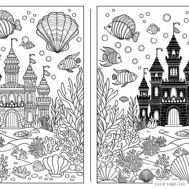 Un royaume sous-marin avec un palais de corail, des poissons colorés et un trône coquillage pour le roi des océans.