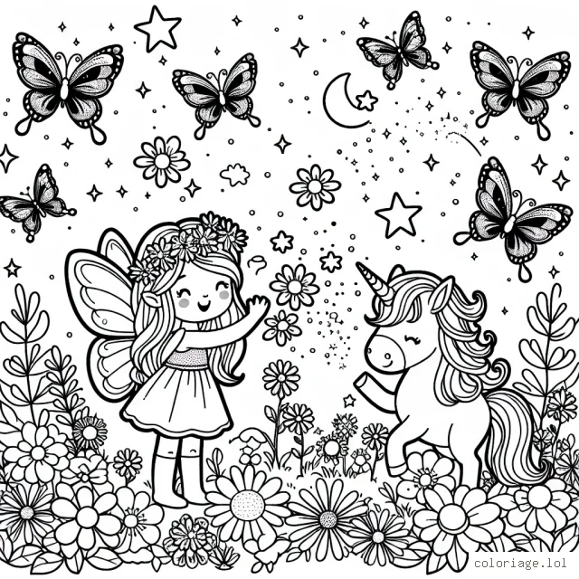 Une fée avec une petite licorne dans un jardin magique de fleurs et d'étoiles, entourée de papillons brillants