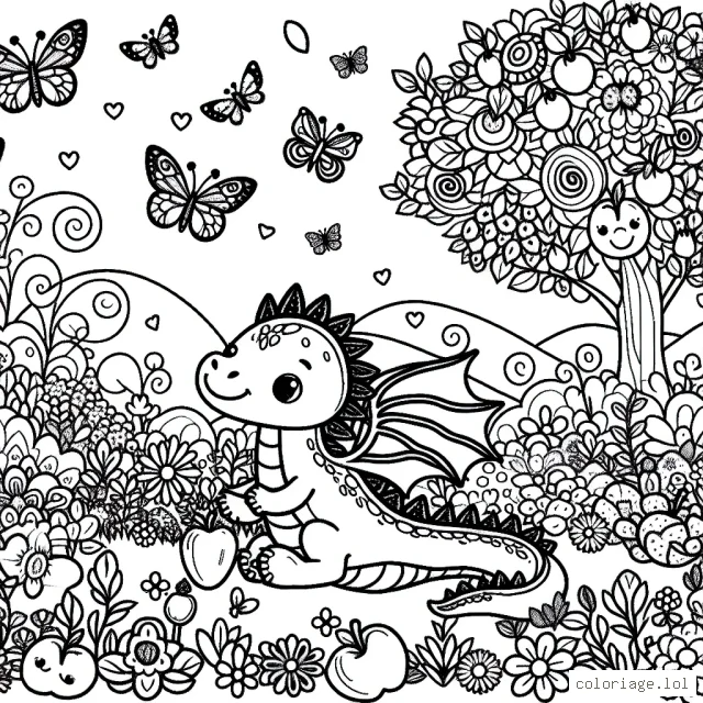 Un dragon amical joue dans un jardin enchanté, rempli de fleurs vibrantes, de papillons volants et d'arbres fruitiers luxuriants.