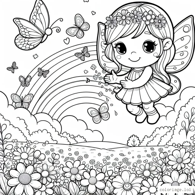 Dans une magnifique prairie, une adorable petite fée aux ailé brillantes planne doucement sur un tapis de fleurs multicolores. Les papillons dansent joyeusement autour d'elle. Dans le lointain, on aperçoit un arc-en-ciel magique qui ajoute de la féérie à la scène.