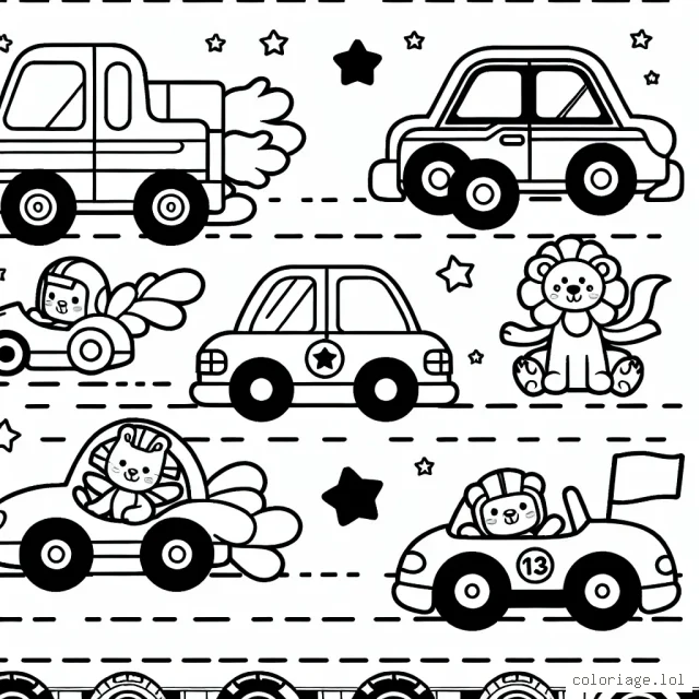 Dessine une course de voitures colorées avec des animaux comme conducteurs