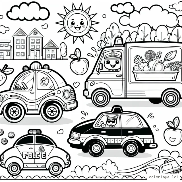 Dessinez une scène animée avec différentes sortes de voitures : une voiture de course rouge vif, une camionnette bleue transportant des fruits et légumes, une petite voiture verte électrique et une grande voiture de police noire et blanche en pleine poursuite. N'oubliez pas les détails comme les portes, les fenêtres, les pneus et les phares. Ajoutez aussi des détails à l'arrière-plan comme des bâtiments, des arbres et un soleil souriant. Amusez-vous et colorez à votre guise!