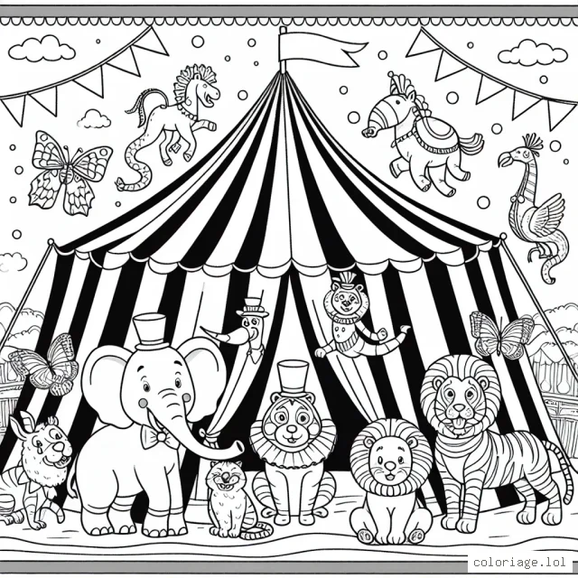 Un cirque amusant avec des animaux exotiques, des clowns joyeux et une grande tente rayée