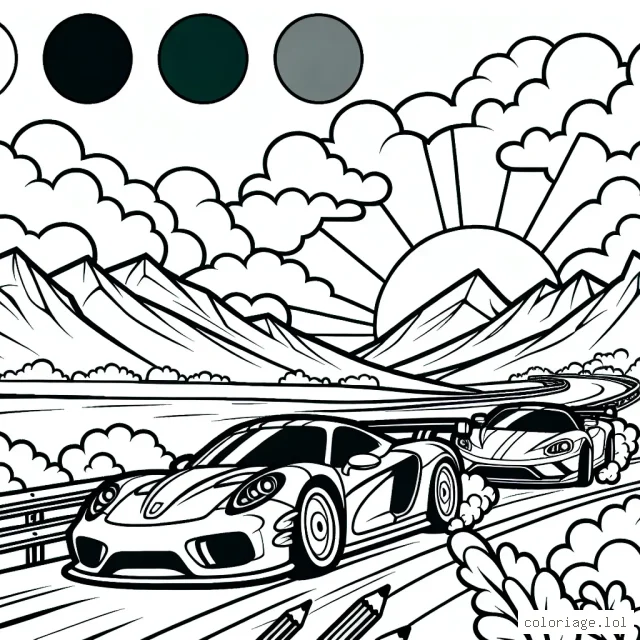 Dessine une course effrénée de voitures de sport sur une piste sinueuse, avec des montagnes et un coucher de soleil en arrière-plan