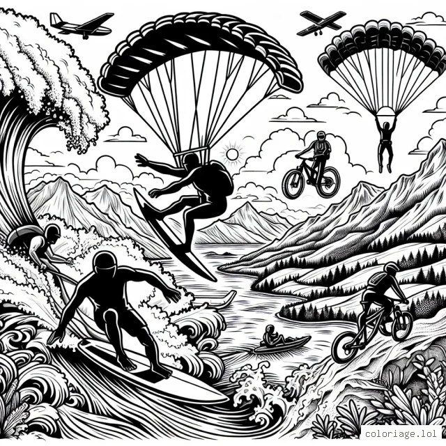 Des athlètes s'attaquent à une variété de sports extrêmes dans un paysage naturel époustouflant. Ils surfent sur d'énormes vagues, sautent en parachute depuis un avion, font du VTT sur des sentiers abruptes et du kayak dans des rapides tumultueuses. Le paysage comprend des montagnes rocheuses, des vallées verdoyantes, des rivières rugissantes et un soleil couchant vibrant.