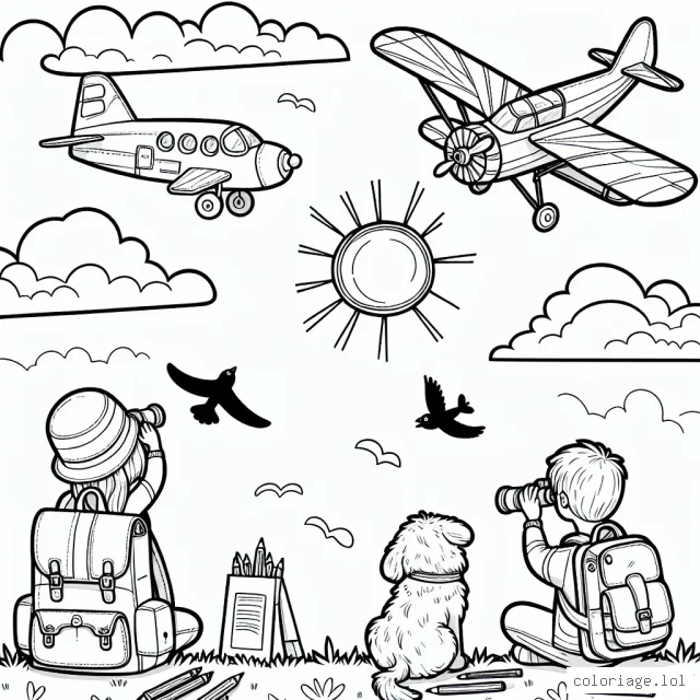 Un trio d'avions volant haut dans le ciel, avec un grand soleil brillant et quelques nuages dispersés autour d'eux. Dans le ciel, deux oiseaux volent également près d'un avion. Au sol, des enfants les regardent voler avec des jumelles tandis qu'un chien émerveillé lève la tête. Dans le coin inférieur droit, il y a un grand sac à dos d'enfant avec un cahier et des crayons de couleur qui attendent d'être utilisés.