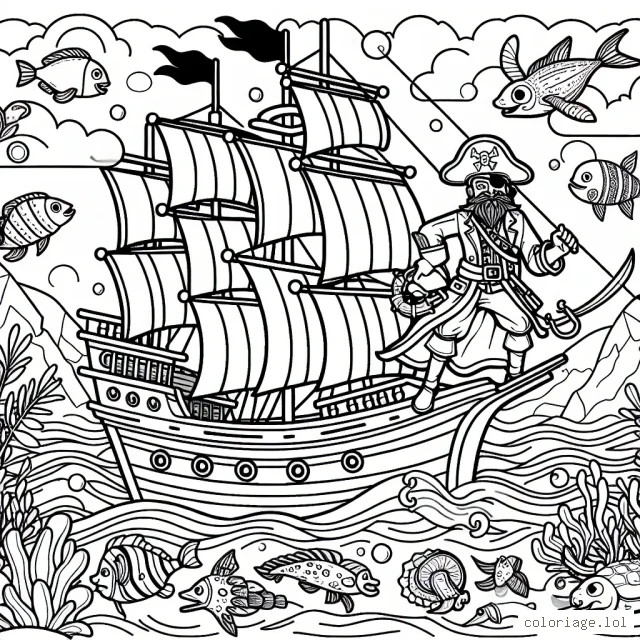 Dessine un pirate intrépide sur son bateau en plein océan, entouré de créatures marines colorées.