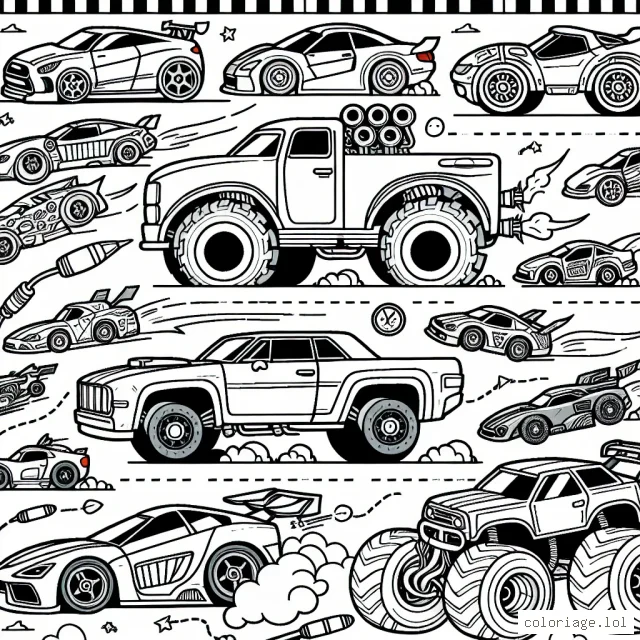 Un pare-choc à pare-choc de voitures super cool qui participent à une course folle, avec des voitures de sport, des camions monstres, des voitures de rallye, et même d'incroyables voitures futuristes.
