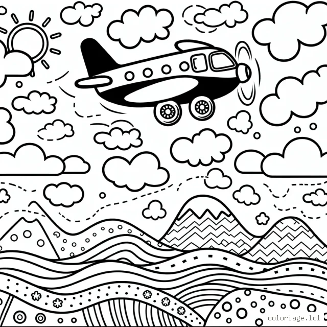 Un avion survolant différents paysages à colorier
