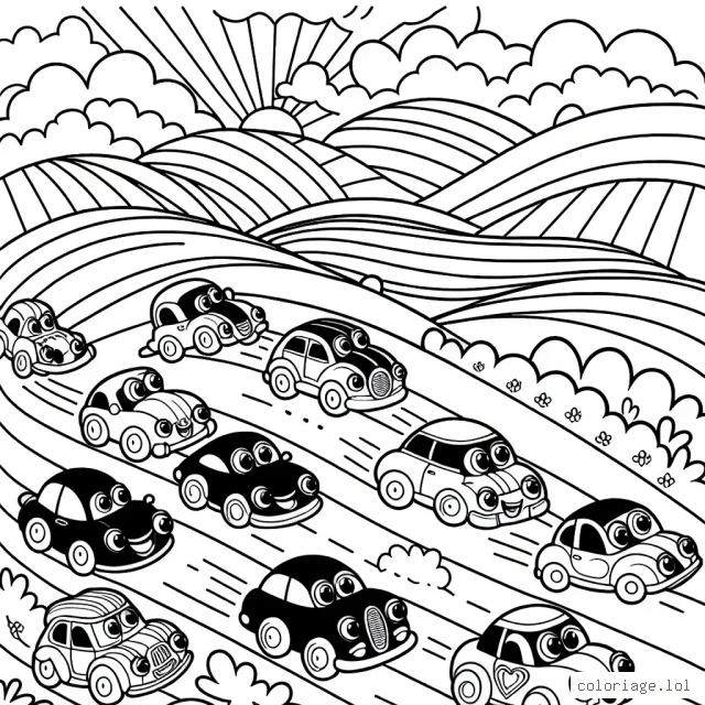 Imagine un univers où les voitures sont vivantes. Chaque voiture a ses propres yeux, expressions et caractère unique. Un jour, elles décident de faire une course amicale à travers un paysage de rêve. Dessine cette scène excitante et colorée.