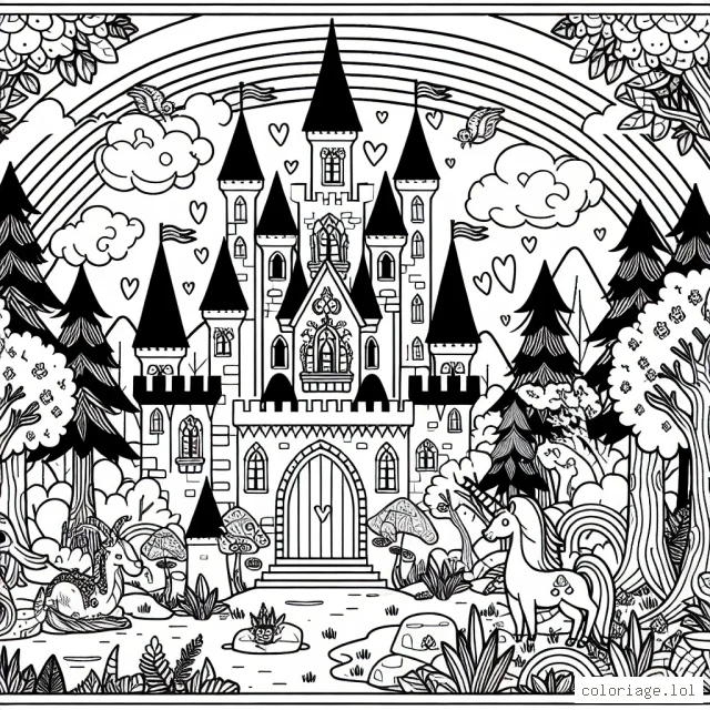 Un château enchanté rempli de créatures fantastiques dans une forêt luxuriante avec un arc-en-ciel en arrière-plan.