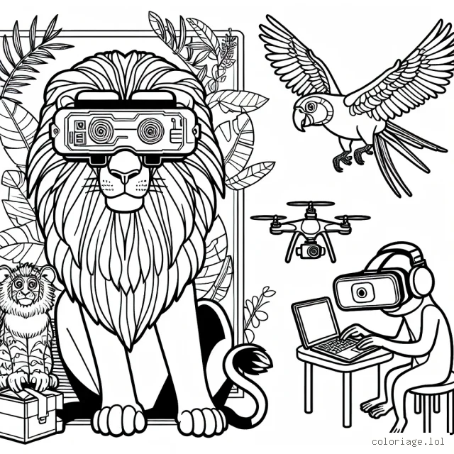 Imagine un univers fantastique où les animaux de la jungle ont développé des compétences technologiques avancées. Dessine un lion majestueux portant des lunettes de réalité virtuelle, un perroquet faisant voler un drone et un singe travaillant sur un ordinateur portable.