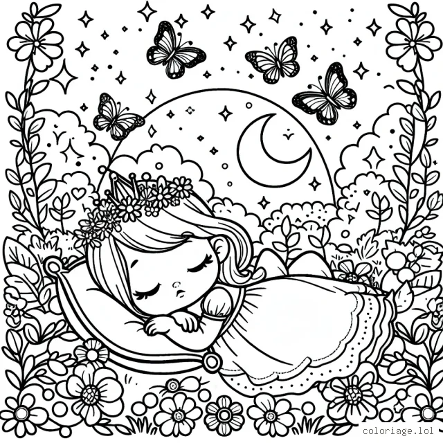 Une petite princesse endormie dans un jardin enchanté, entourée de papillons magiques et de fleurs lumineuses.