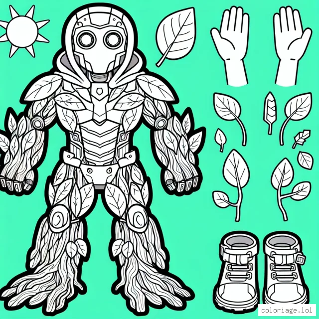 Imagine et dessine un super-robot qui protège la nature. Il a une armure en feuilles, des yeux brillants comme le soleil, des mains en racines d'arbre pour planter des graines et des pieds qui peuvent devenir des raquettes à neige ou des palmes pour nager.