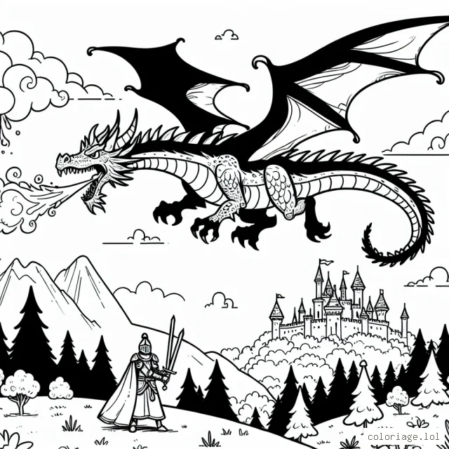 Imagine un monde fantastique avec des dragons et des chevaliers. Dessine un grand dragon cracheur de feu volant dans le ciel, avec un courageux chevalier qui se tient sur une colline, prêt à le défier. Laisse libre cours à ton imagination pour ajouter des châteaux, des forêts, et peut-être d'autres créatures magiques !