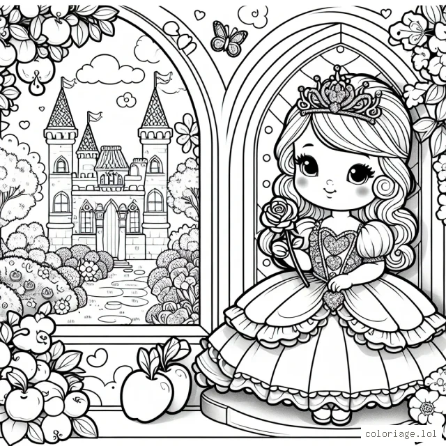 Une petite princesse vêtue d'une magnifique robe bouffante est assise sur un trône élégant dans son château. Elle tient délicatement une rose étincelante dans sa main, un papillon coloré reposant doucement sur celle-ci. Dehors, le jardin royal est en pleine floraison, avec des arbres aux fruits juteux et de superbes fleurs aux multitudes de couleurs.