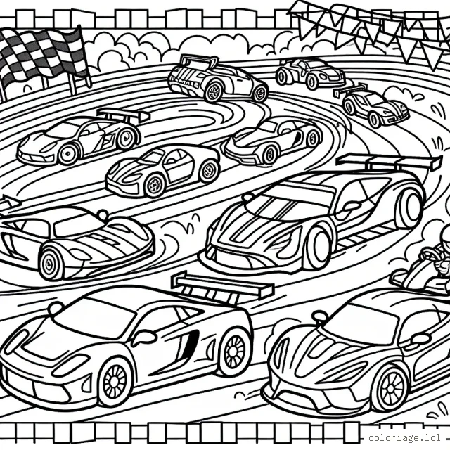 Dessinez une course de voitures animée avec des voitures de sport colorées, des pilotes audacieux et un paysage de circuit de course palpitant.