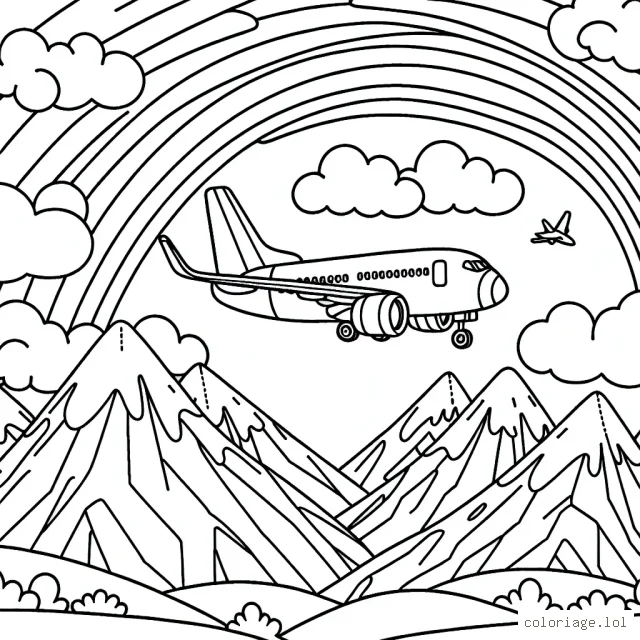 Un avion majestueux glisse dans le ciel au-dessus des montagnes enneigées et d'un arc-en-ciel lumineux.
